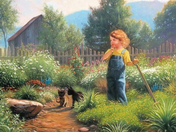 niño y gatos en casa de campo niños mascotas Pinturas al óleo